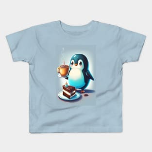 A baby penguin with a cup and a cake Kids T-Shirt